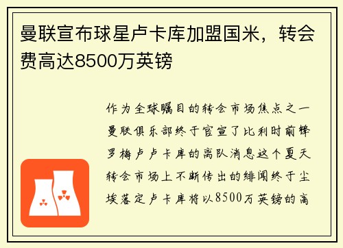 曼联宣布球星卢卡库加盟国米，转会费高达8500万英镑